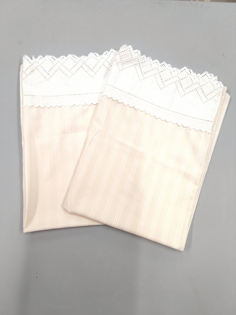 Fieldcrest Cream Striped Pillowcases with White Eyelet Trim